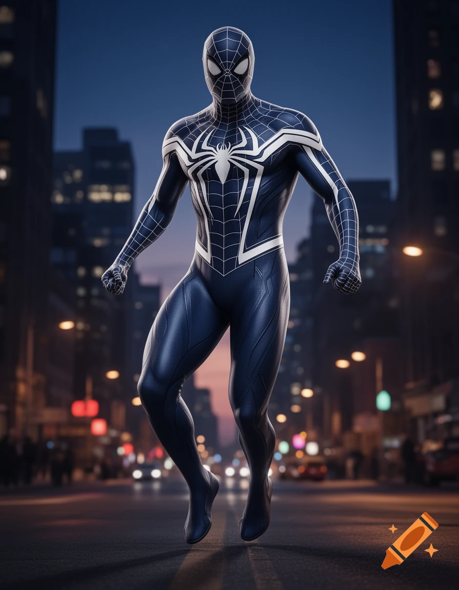 Photorealistic image of Spider-Man in a navy blue and white suit, hovering over a city street at dusk.
