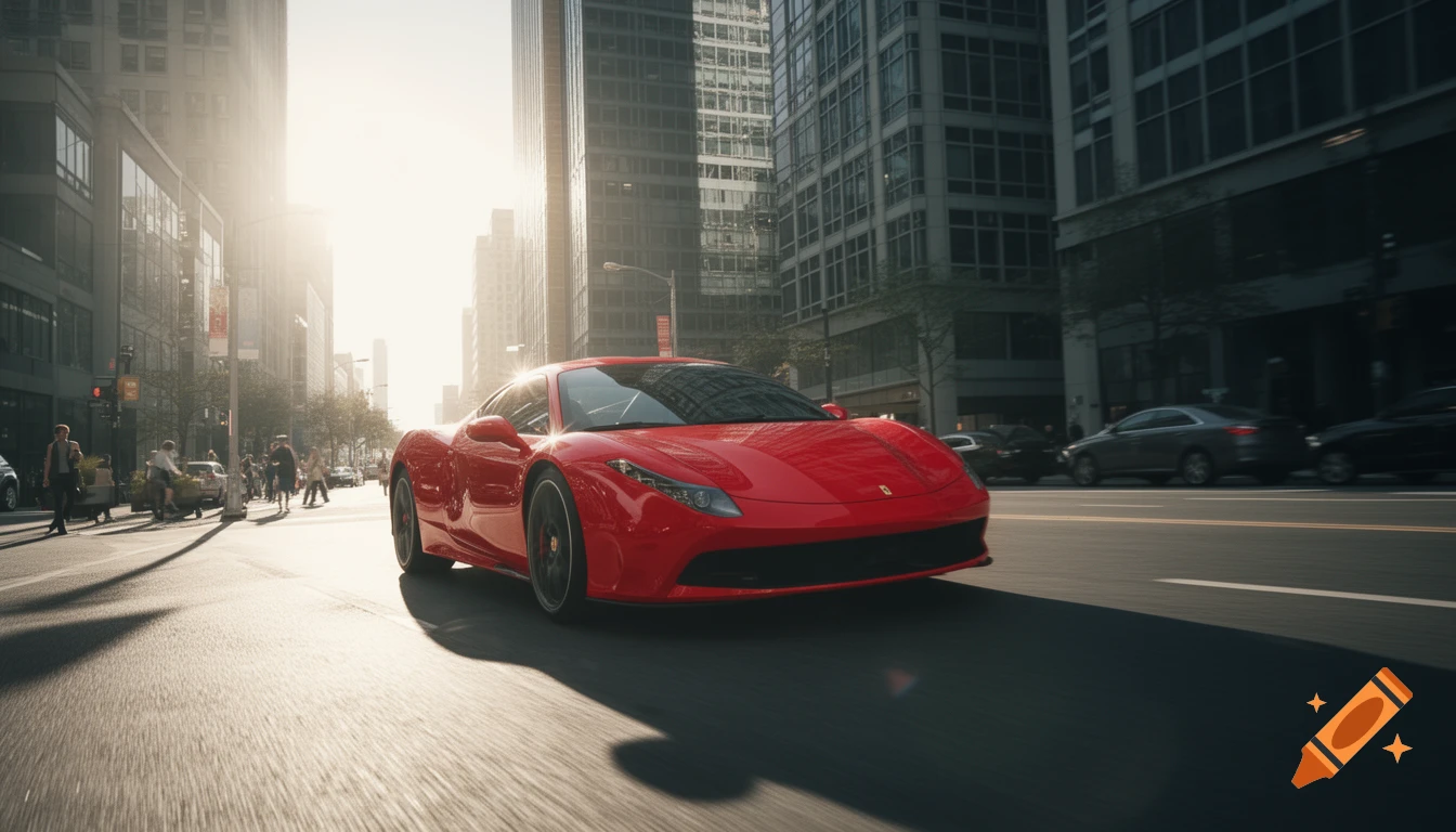 A red supercar drives on a city street, bathed in bright sunlight, with blurred motion.