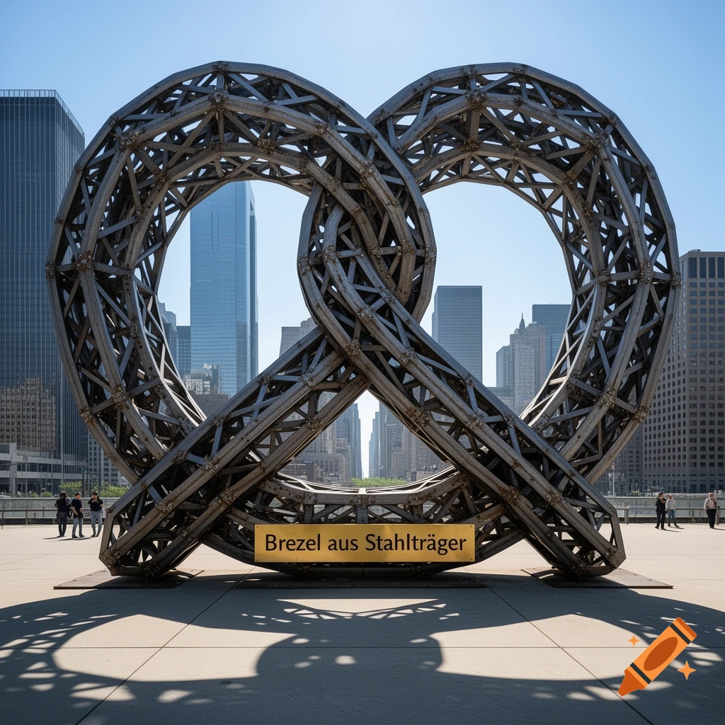 A large pretzel-shaped sculpture made of steel girders stands in an urban plaza with modern skyscrapers in the background. A sign at its base reads "Brezel aus Stahlträger".