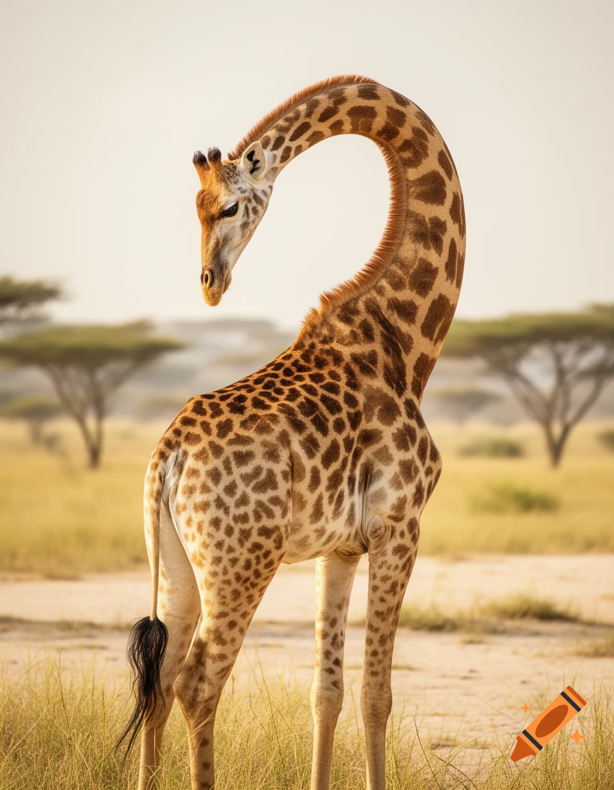 A photorealistic giraffe with a long, curved neck looks backward towards its tail in a sunny savanna with acacia trees.