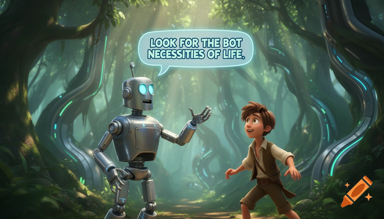A 3D animated robot speaks to a boy in a lush, glowing futuristic jungle, saying "LOOK FOR THE BOT NECESSITIES OF LIFE." in a speech bubble.