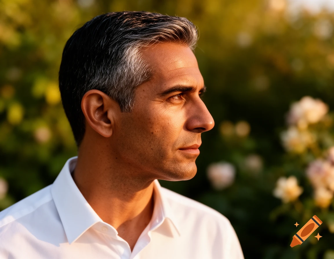 Close-up profile of a man with salt-and-pepper hair looking right, bathed in warm sunlight against a blurry green garden background.