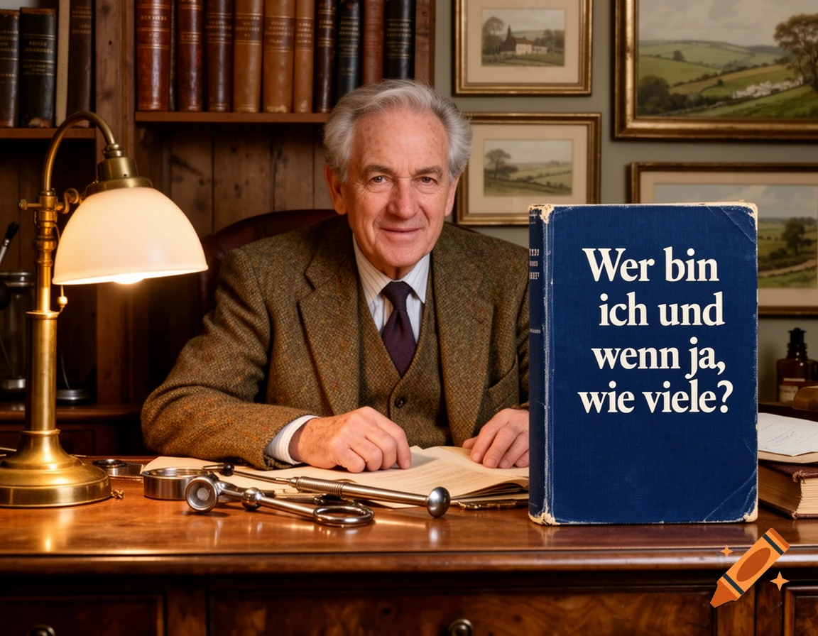 An older man in a tweed jacket sits at a study desk with a lamp, open book, and a large blue book titled 'Wer bin ich und wenn ja, wie viele?'