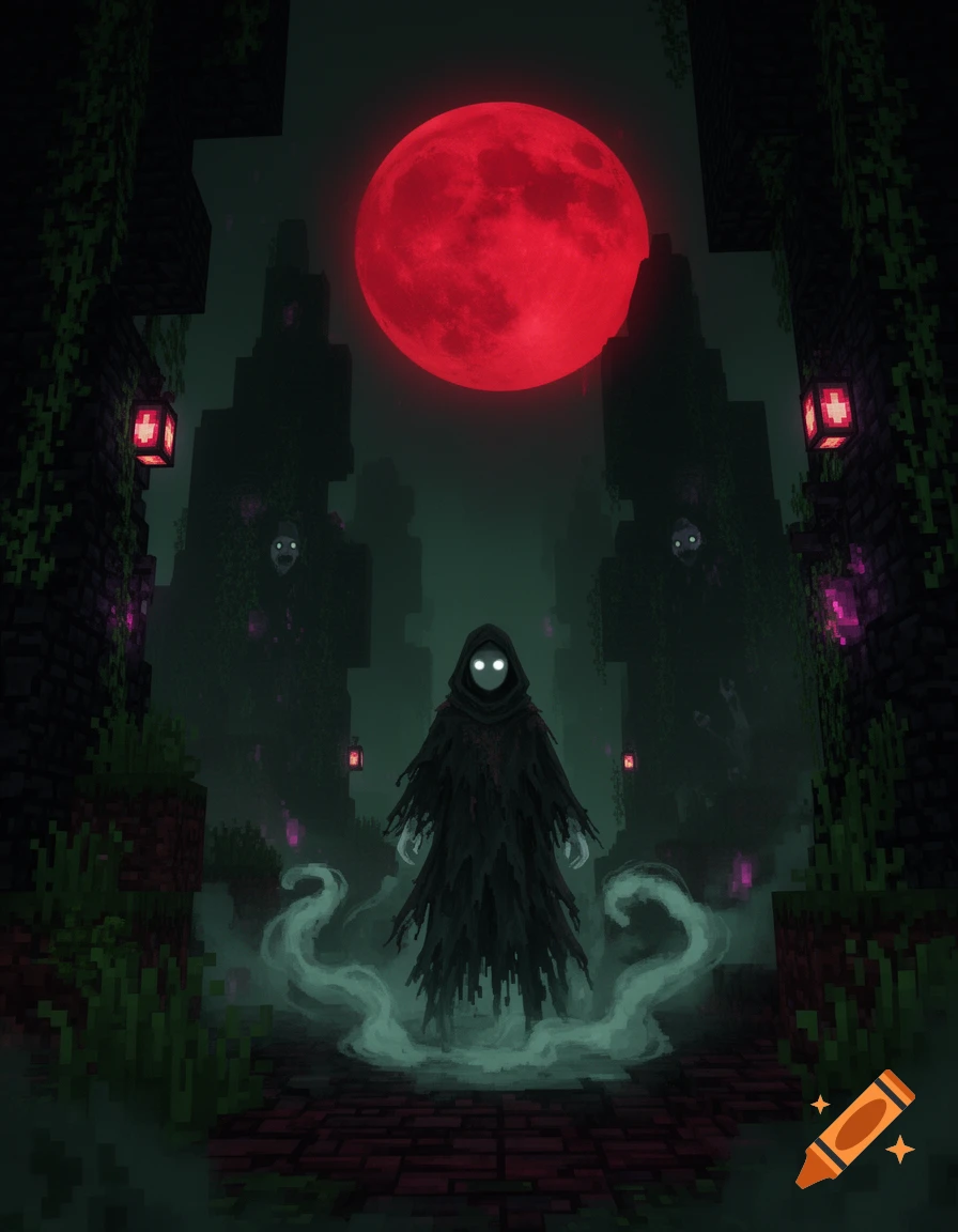 A hooded, glowing-eyed ghost-like figure stands on a pixelated path in a dark, vine-covered Minecraft horror landscape under a large red moon.