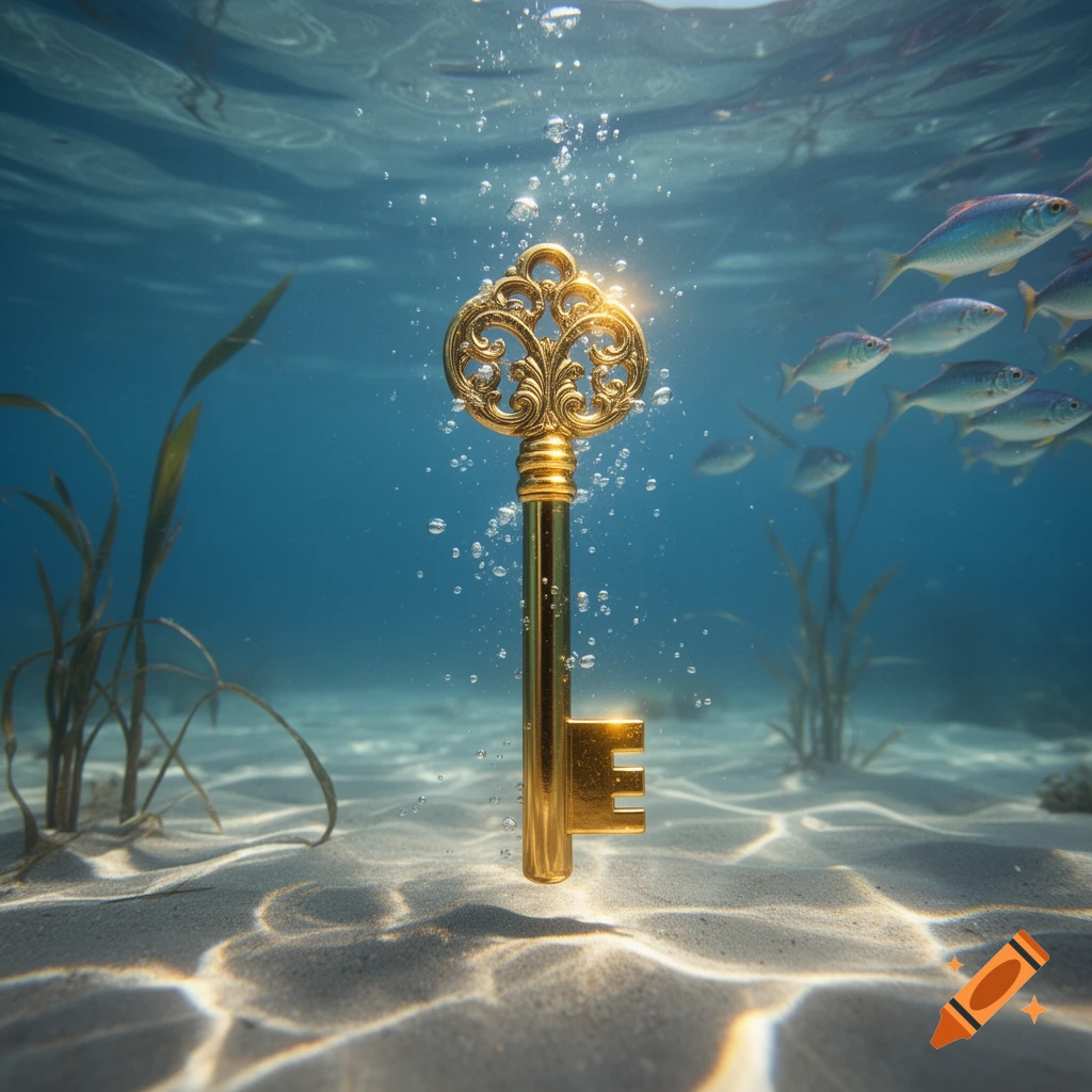 A glistening golden ornamental key floats mid-water over a sandy seabed, surrounded by air bubbles and small fish.