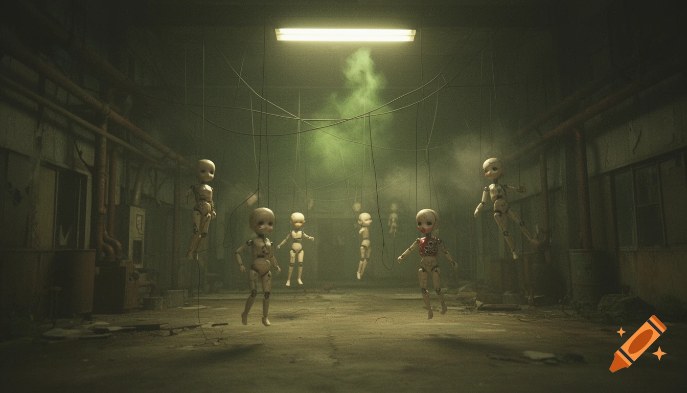 Numerous broken ball-jointed dolls hang in a gloomy, abandoned industrial warehouse with green gas, in a dark, blurry photographic style.