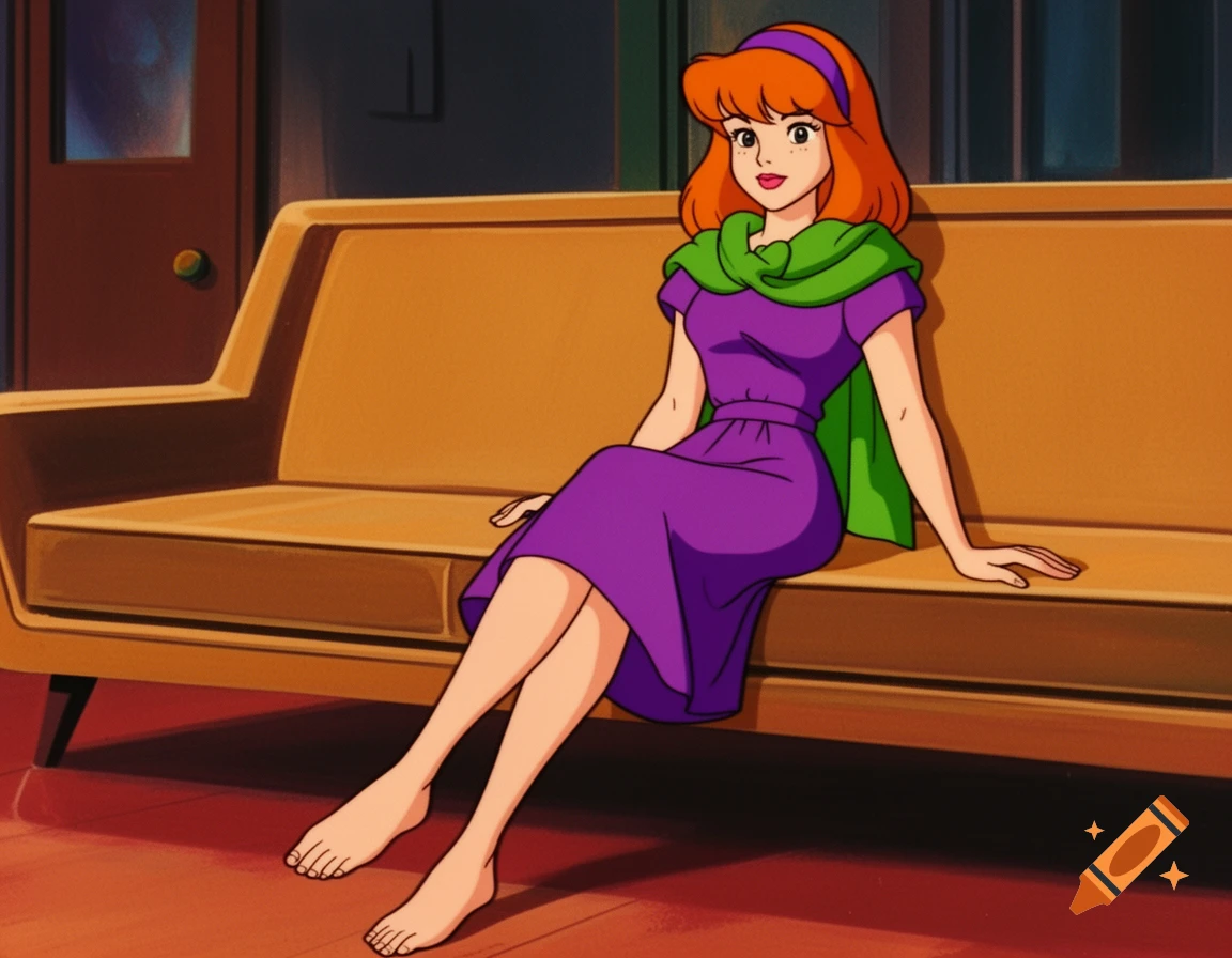 Daphne Blake from Scooby-Doo in a purple dress and green scarf, sitting barefoot on a retro couch in 90s anime style.