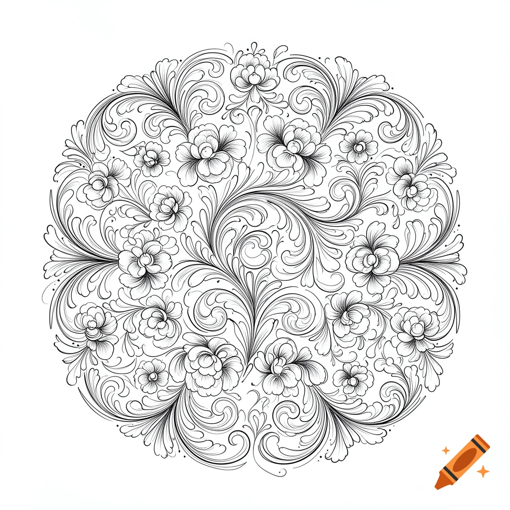 Intricate black and white circular floral pattern in traditional Norwegian rosemaling style.