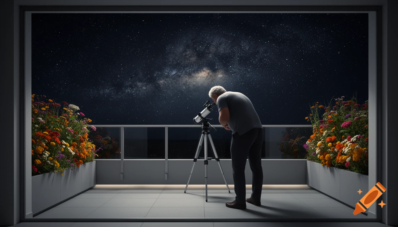 A man gazes through a telescope on a modern balcony, surrounded by vibrant flowers, under a stunning, star-filled night sky featuring the Milky Way.