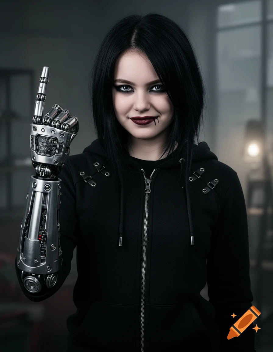 Photorealistic portrait of a smirking goth girl in a black hoodie, with a detailed silver robotic arm raising its index finger.