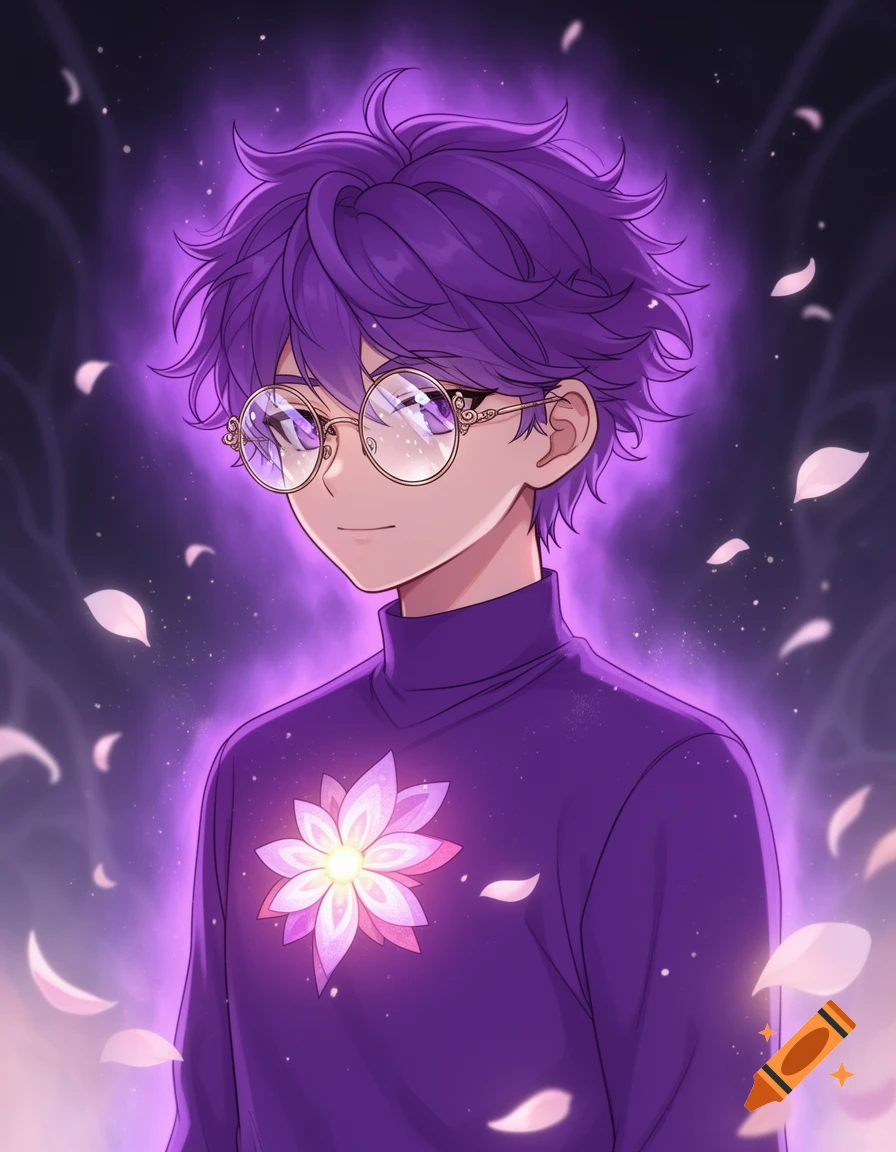Anime-style boy with purple hair and glasses wearing a purple turtleneck, a glowing lotus flower on his chest, surrounded by a purple aura and floating petals.
