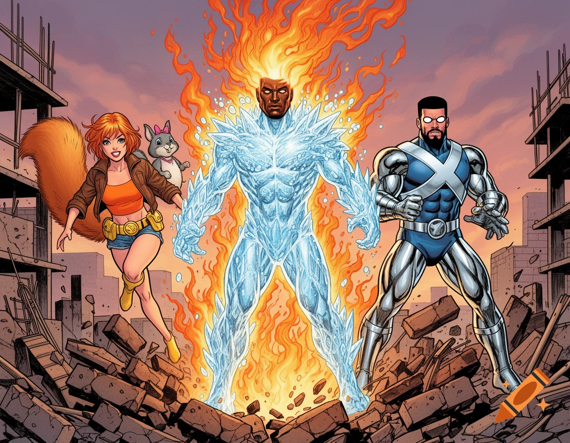 Comic book art of Squirrel Girl, an elemental ice and fire superhero, and a steel-skinned hero in an X-Men uniform, standing heroically amidst a destroyed construction site.