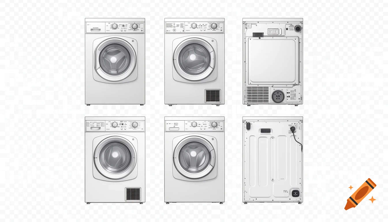 Six technical illustrations of white front-load washing machines/dryers from front, top, back, left, bottom, and right views on a transparent background.