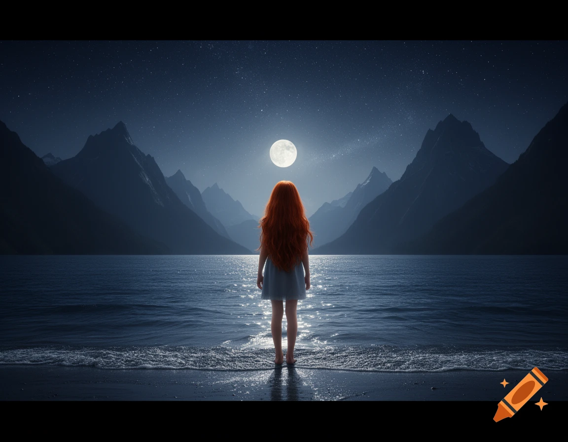 A red-haired girl in a dress stands with her back to the viewer, facing a moonlit lake and mountains under a starry night sky.