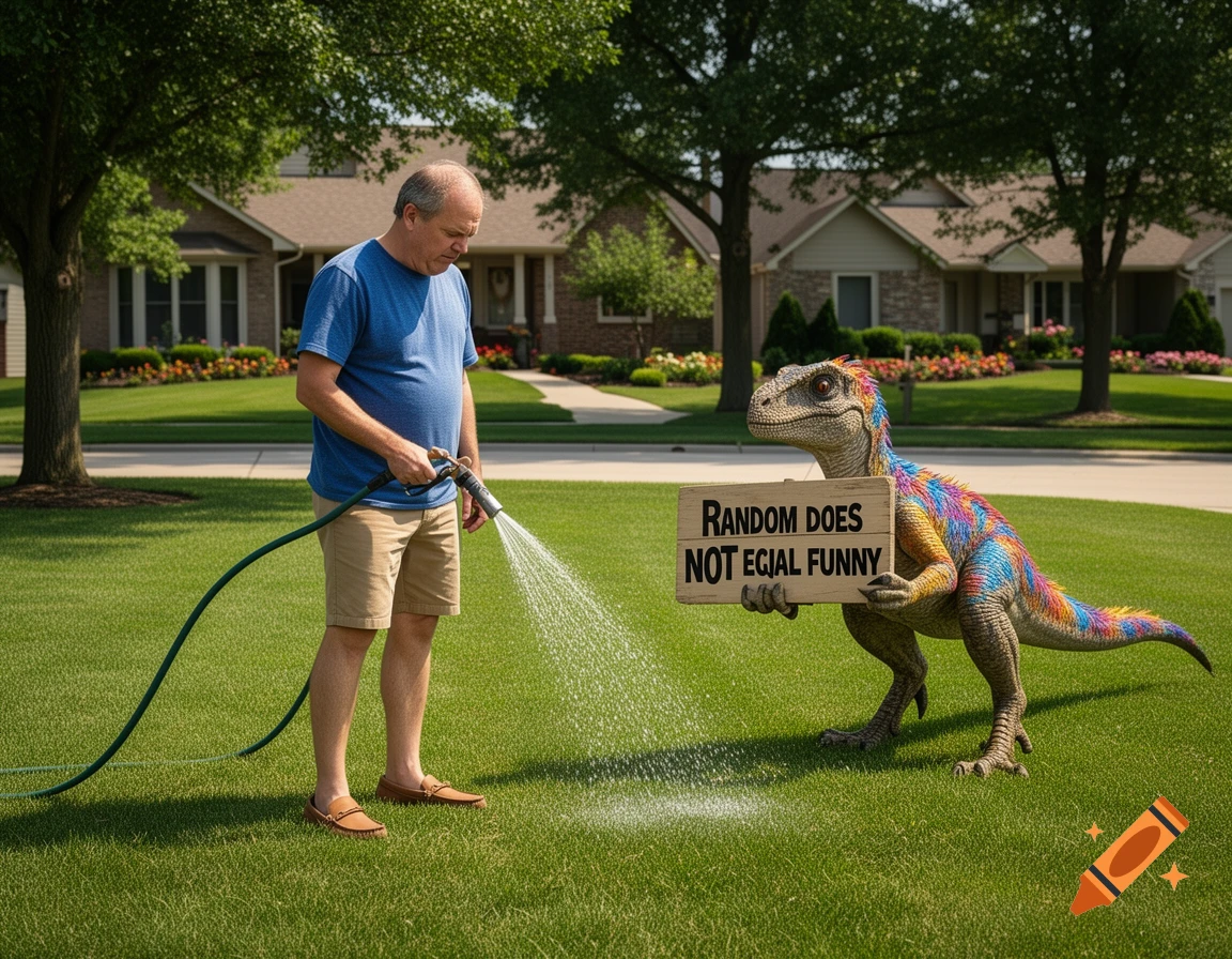 A man watering his lawn looks at a colorful feathered velociraptor holding a sign that reads, 'RANDOM DOES NOT EQIAL FUNNY'.