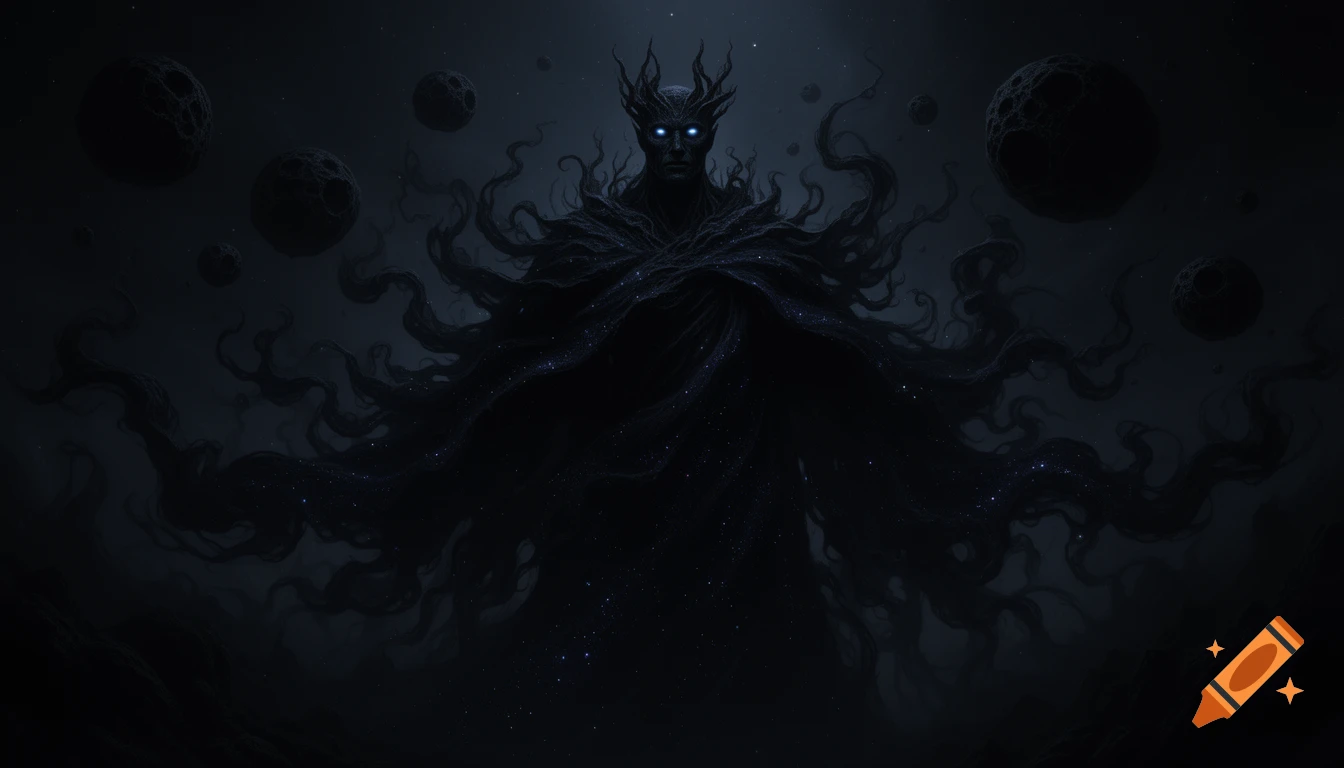 A colossal, dark fantasy figure, Erebos, with glowing blue eyes and a flowing cloak of night, surrounded by dark planets.