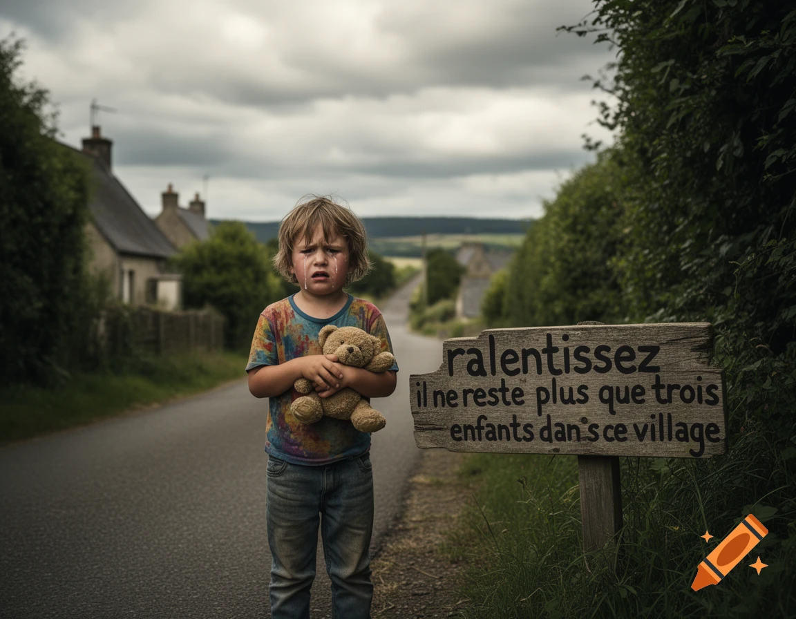 A crying child holding a teddy bear stands on a road next to a wooden sign in a village under a cloudy sky.