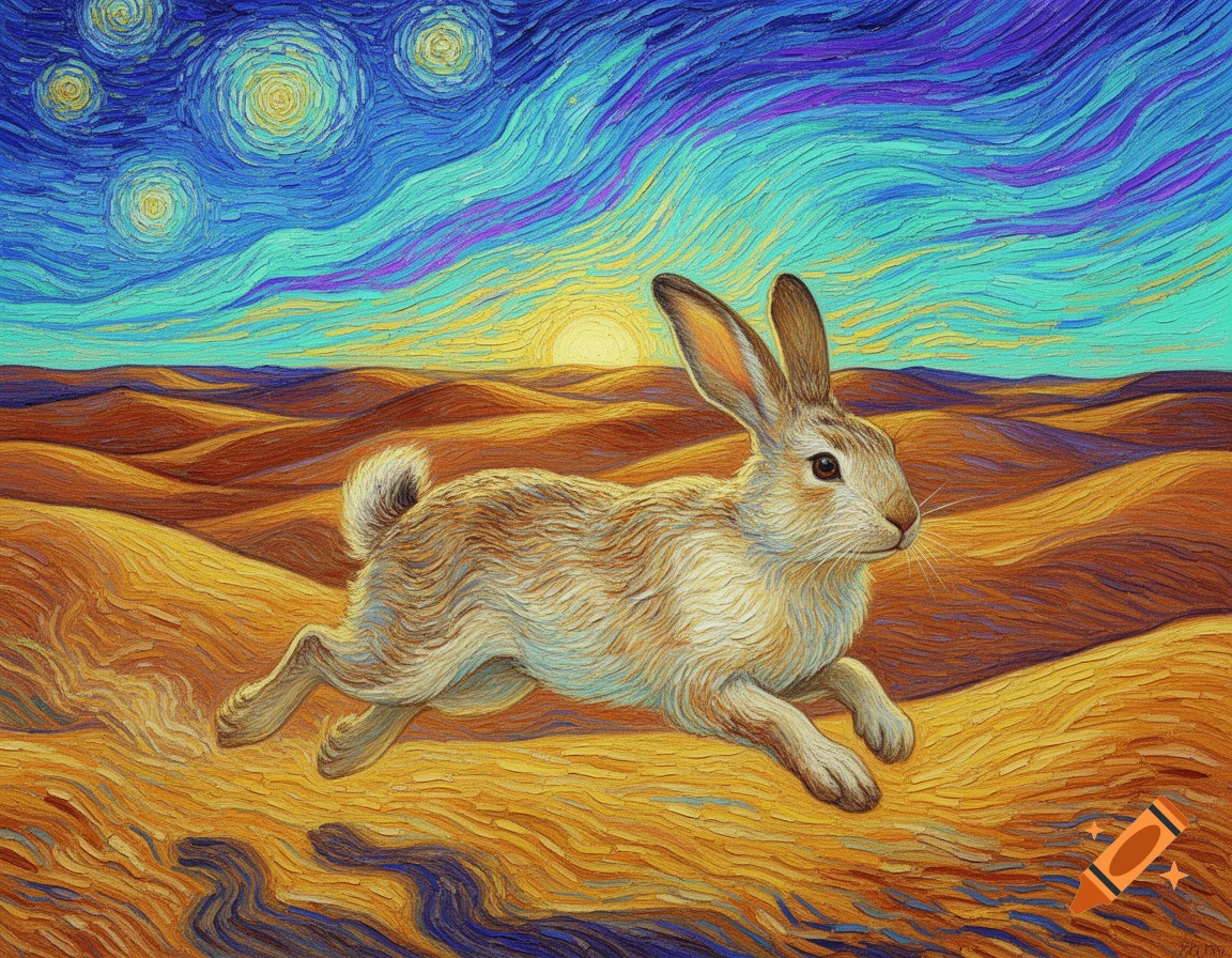 A rabbit runs across a desert landscape under a starry, vibrant blue and yellow sky, in the style of Van Gogh.