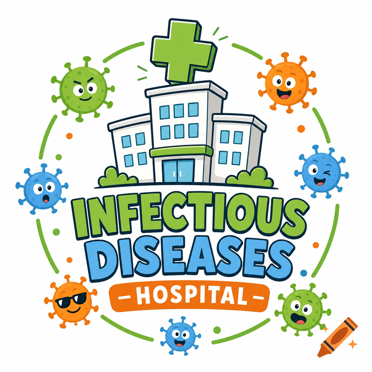 A funny minimalist cartoon logo of a hospital building with a green cross on top, surrounded by various colorful virus characters with different emotions, and the text "INFECTIOUS DISEASES HOSPITAL".