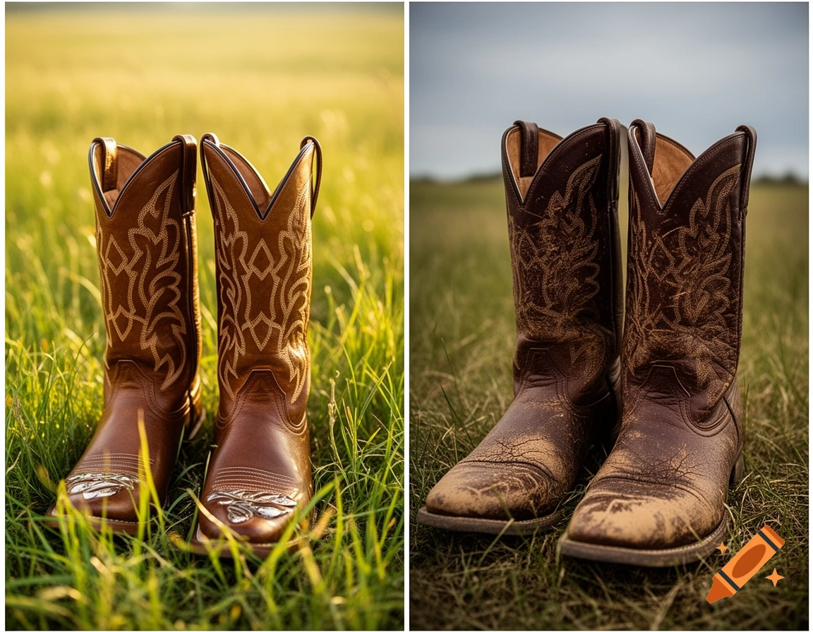 Two pairs of cowboy boots side-by-side, one new and pristine in bright grass, the other old and worn in dry grass.