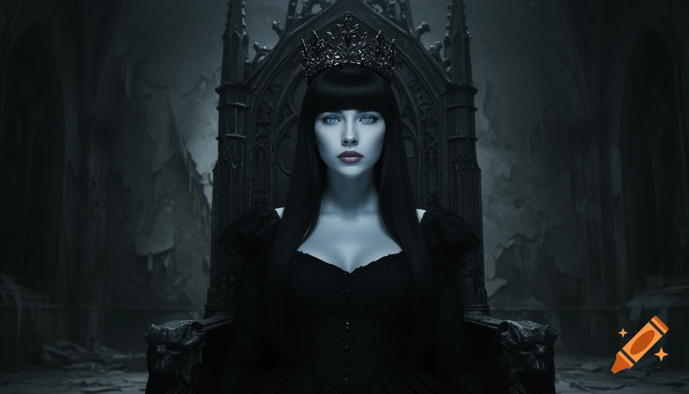 Photorealistic woman with pale skin, black hair, and a crown sits on an ornate gothic throne in a dark room.