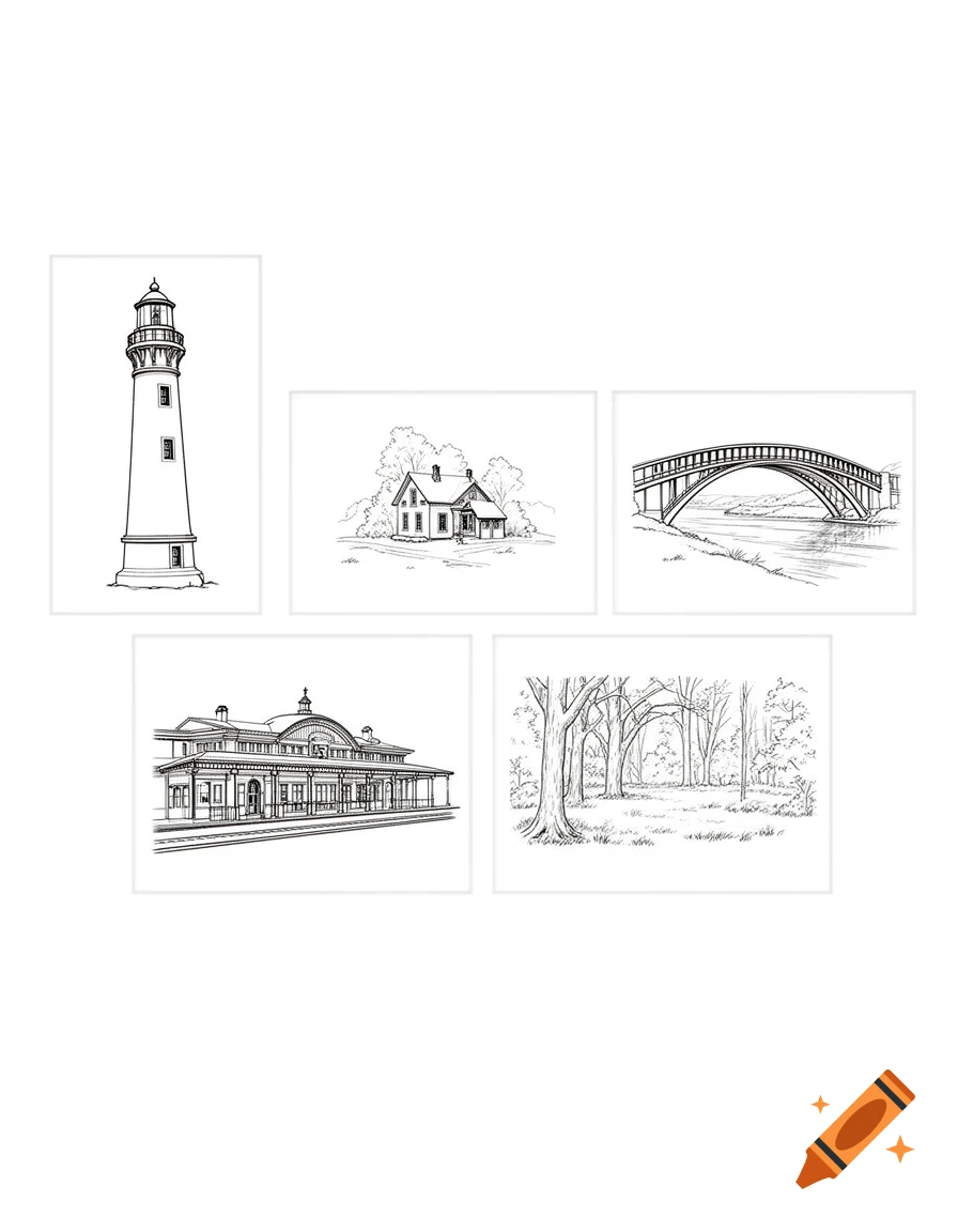 Five black and white line drawings: a lighthouse, a cottage, a bridge, a railway station, and a forest clearing.