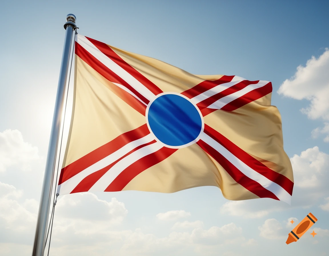 A cream-colored flag with red and white diagonal stripes and a blue circle in the center, waving against a blue sky with clouds.