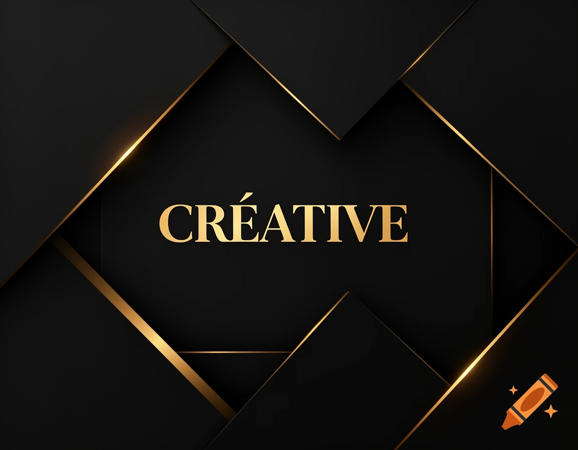 Golden text "CRÉATIVE" centered on a black background with abstract gold geometric lines and shapes.