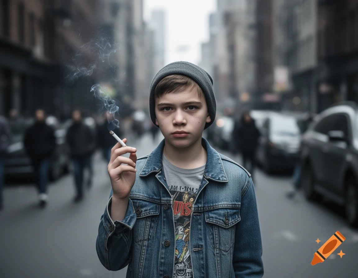 A young boy in a beanie and denim jacket stands on a city street, holding a lit cigarette with smoke rising, in a photorealistic style.