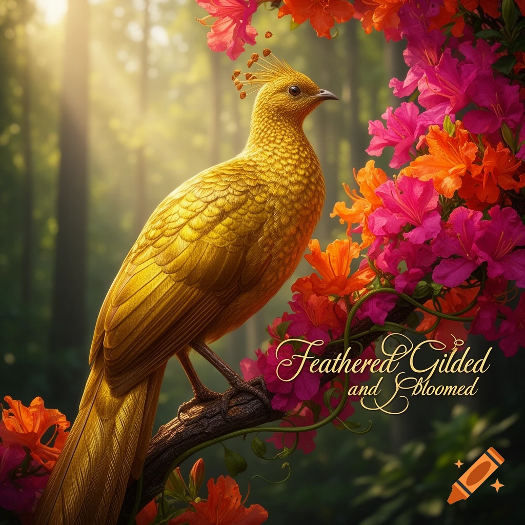 A golden bird with a crest perches on a branch adorned with vibrant pink and orange flowers, set against a sunlit forest.