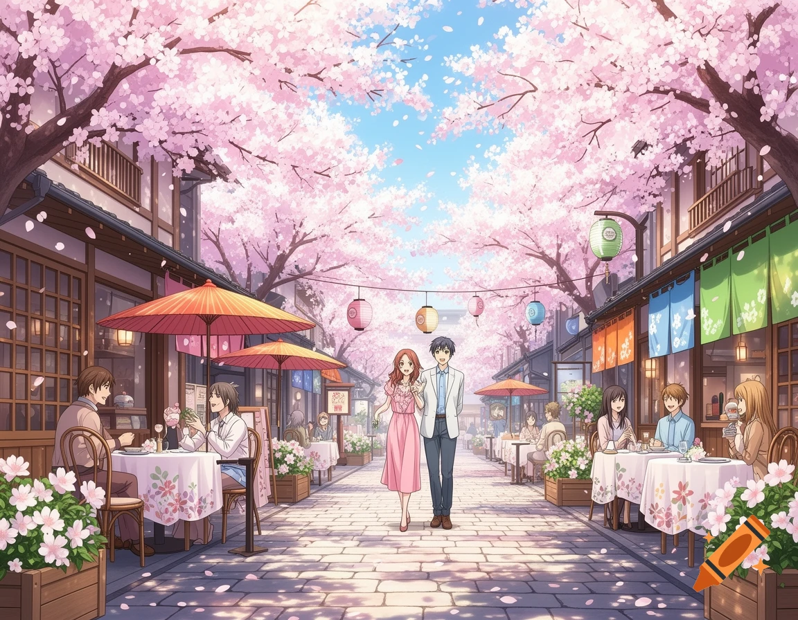 Anime-style illustration of a vibrant Japanese cafe street lined with pink cherry blossoms, with people enjoying the outdoor seating.