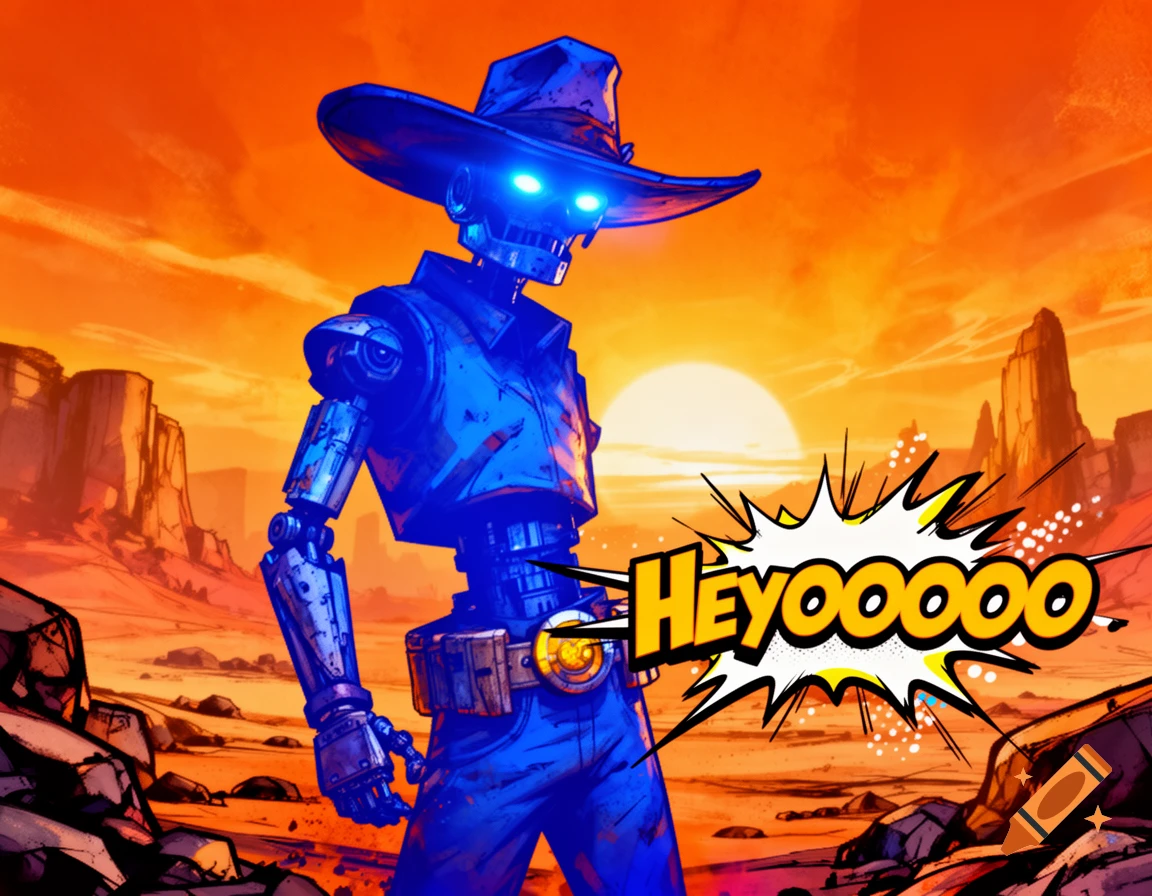 A blue, glowing-eyed robot cowboy in a desert sunset, with a comic-style 'Heyooooo' speech bubble.
