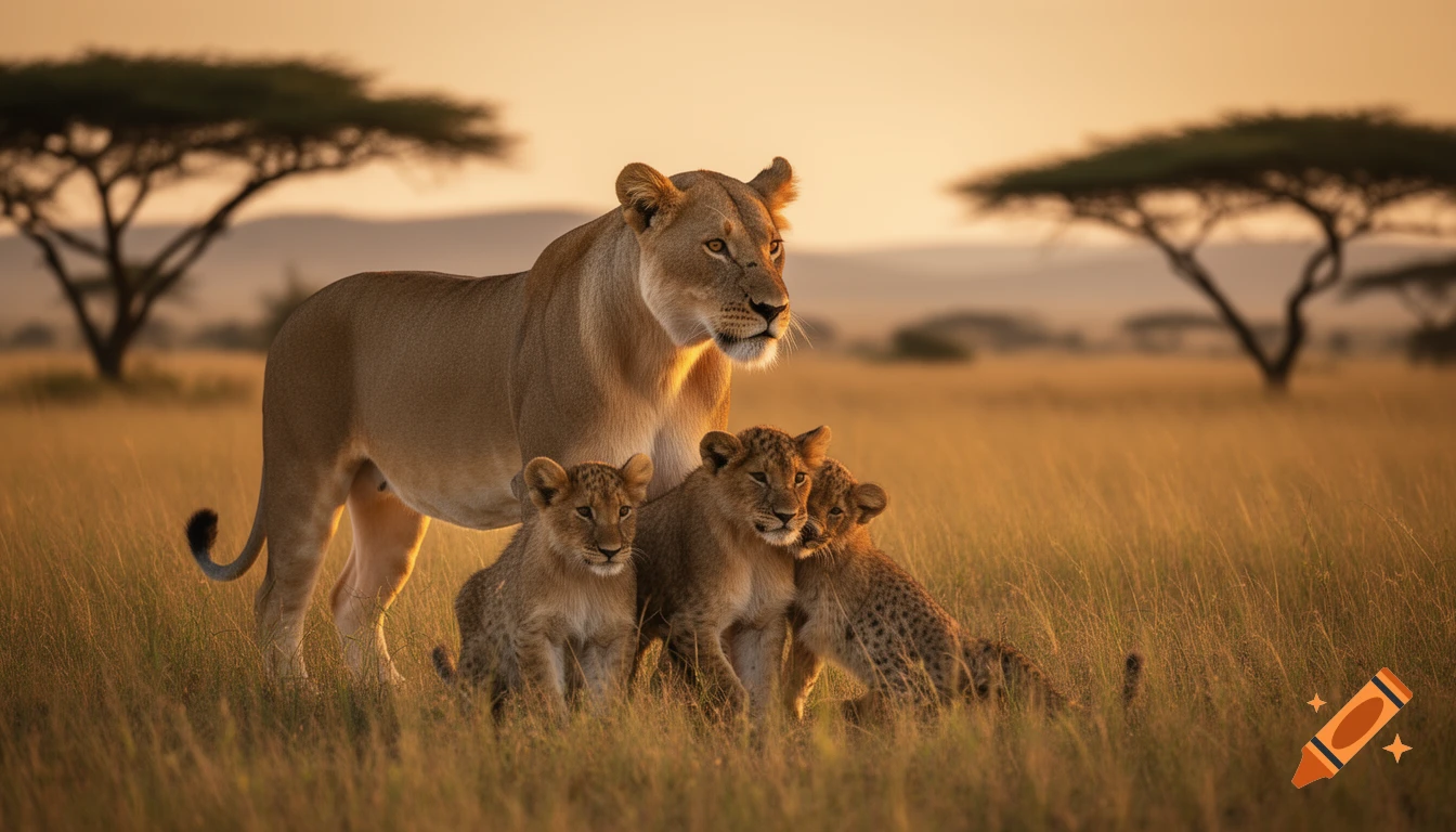 Photorealistic lioness and three cubs in golden savanna grass at sunset.