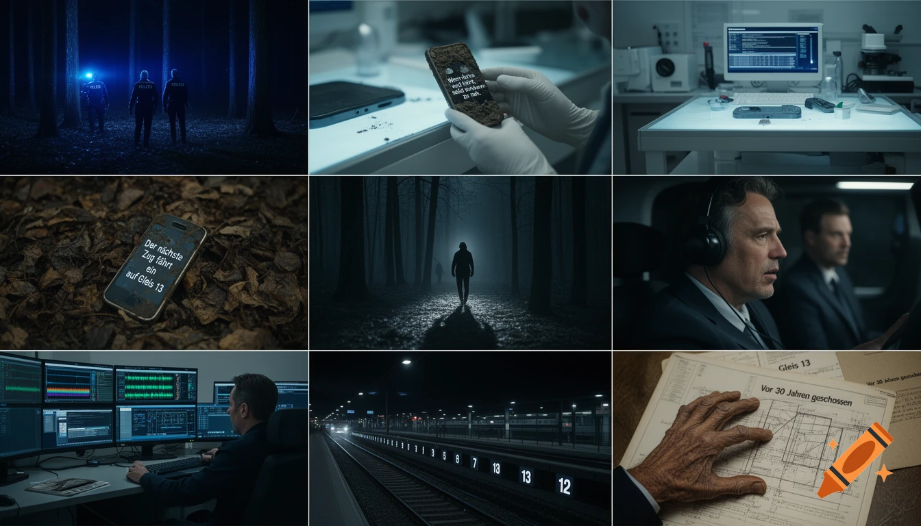 A grid of nine photorealistic images depicting a crime investigation, including police in a dark forest, a phone being examined, a lab scene, a man listening with headphones, a man at multiple monitors, a train station at night, and old documents with diagrams.