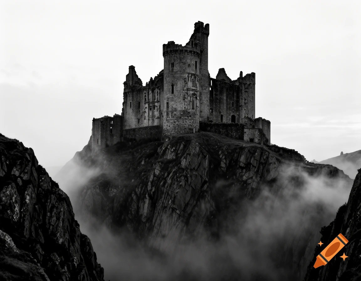 A dramatic black and white image of a ruined castle perched on a misty, rugged rocky promontory.