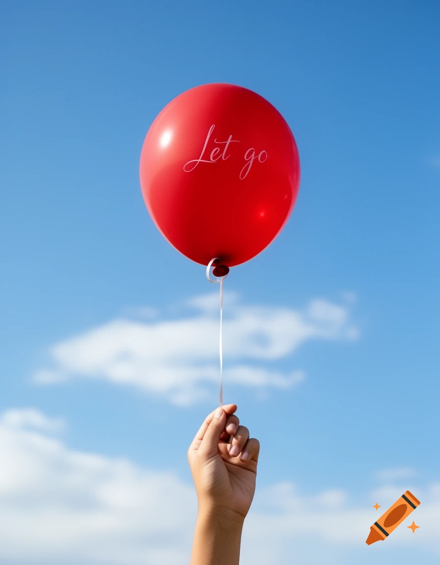 A hand holds a bright red balloon with 'Let go' written on it, against a vibrant blue sky with scattered white clouds.