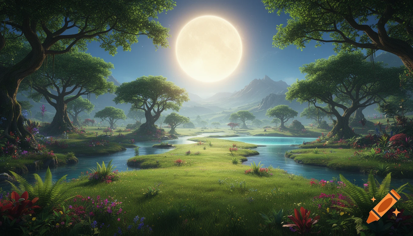 A vibrant, lush alien landscape with winding rivers, fantastical trees, distant mountains, and a large glowing moon in a blue sky.