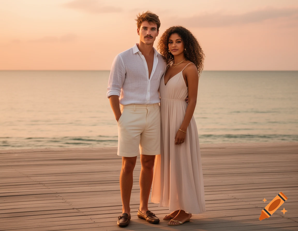 A photorealistic image of a stylish couple standing on a wooden pier by the ocean at sunset.