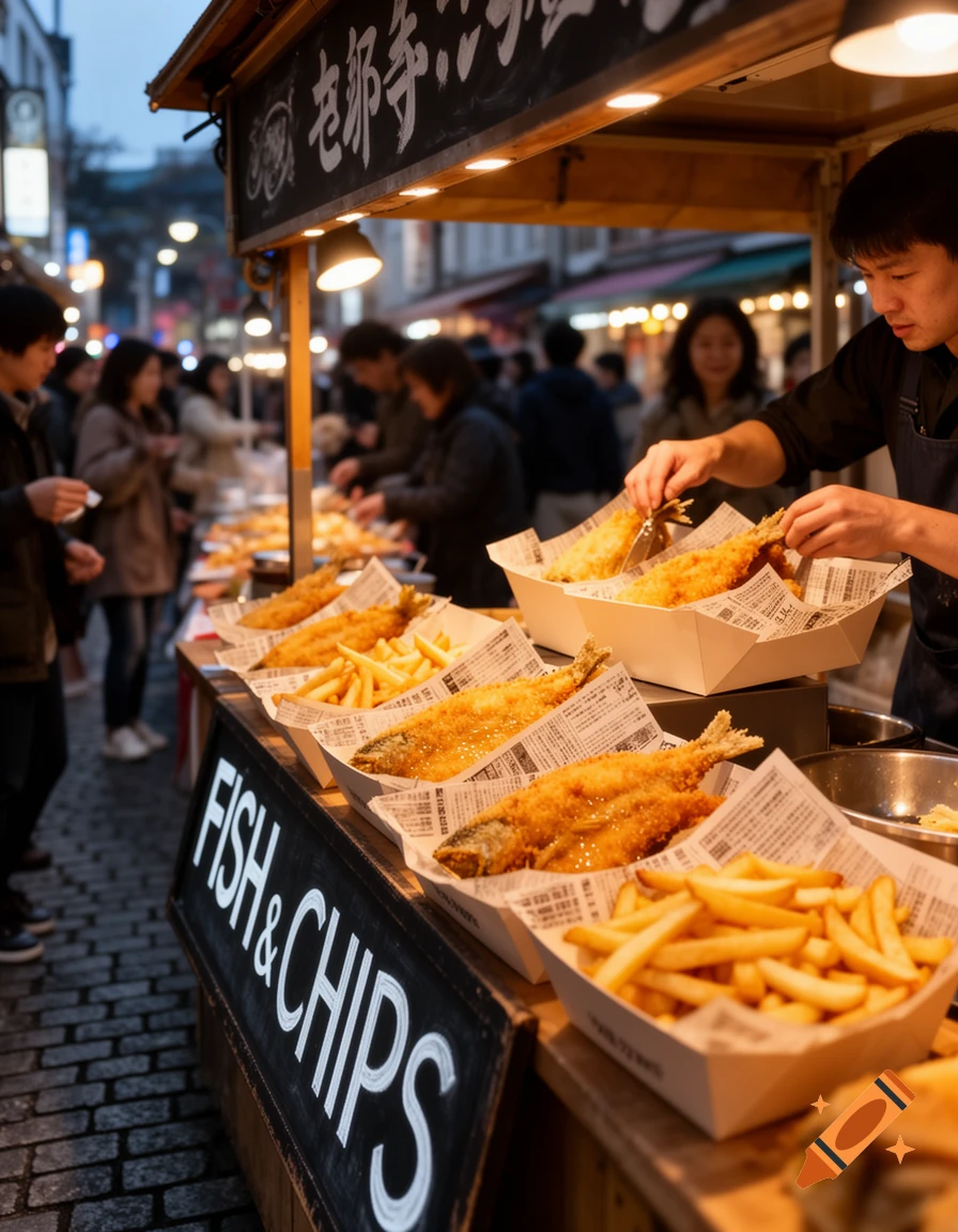 A man prepares fried fish and chips at a bustling street food stall with a "Fish & Chips" sign.