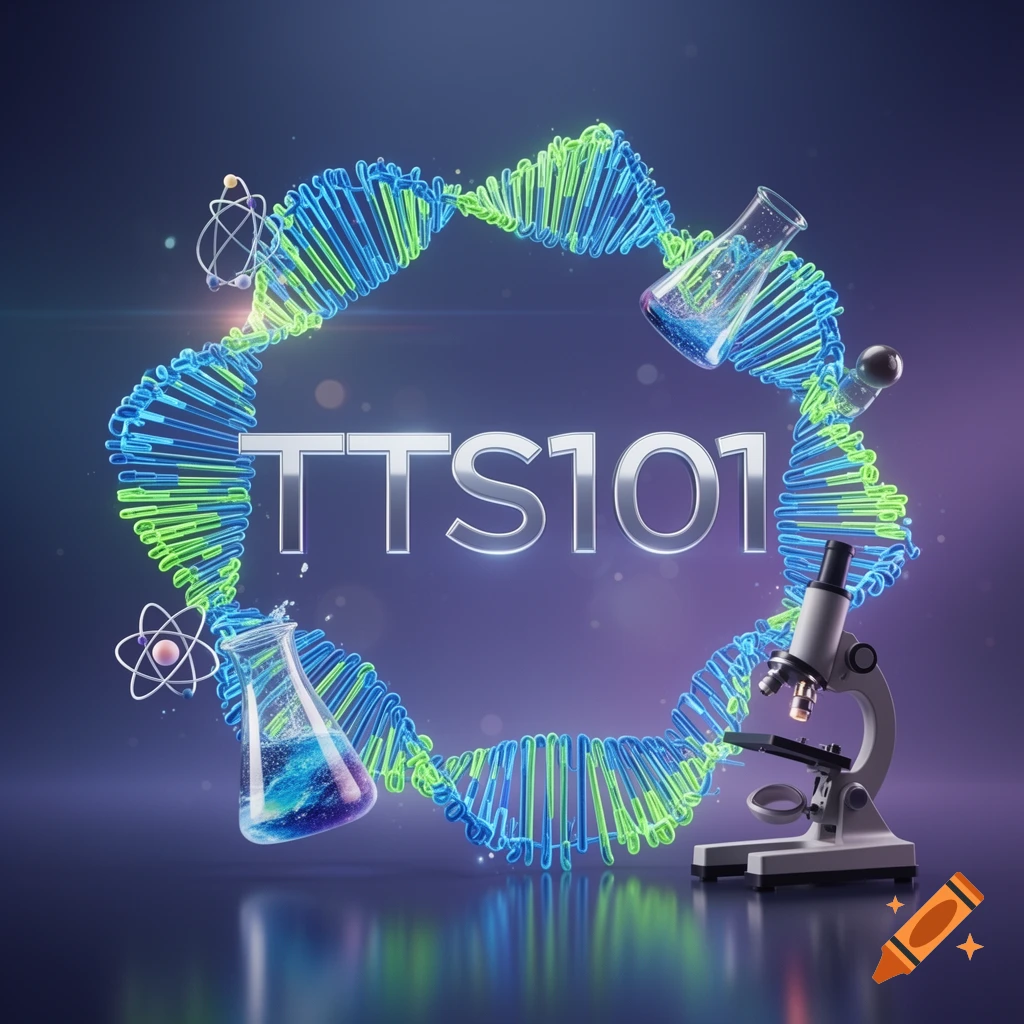 3D render of 'TTS101' surrounded by glowing blue and green DNA helix, beakers, atoms, and a microscope on a reflective surface.