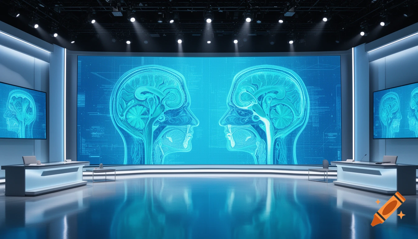 A modern medical television studio with a large blue LED wall displaying human vestibular system anatomy, with two desks in the foreground.