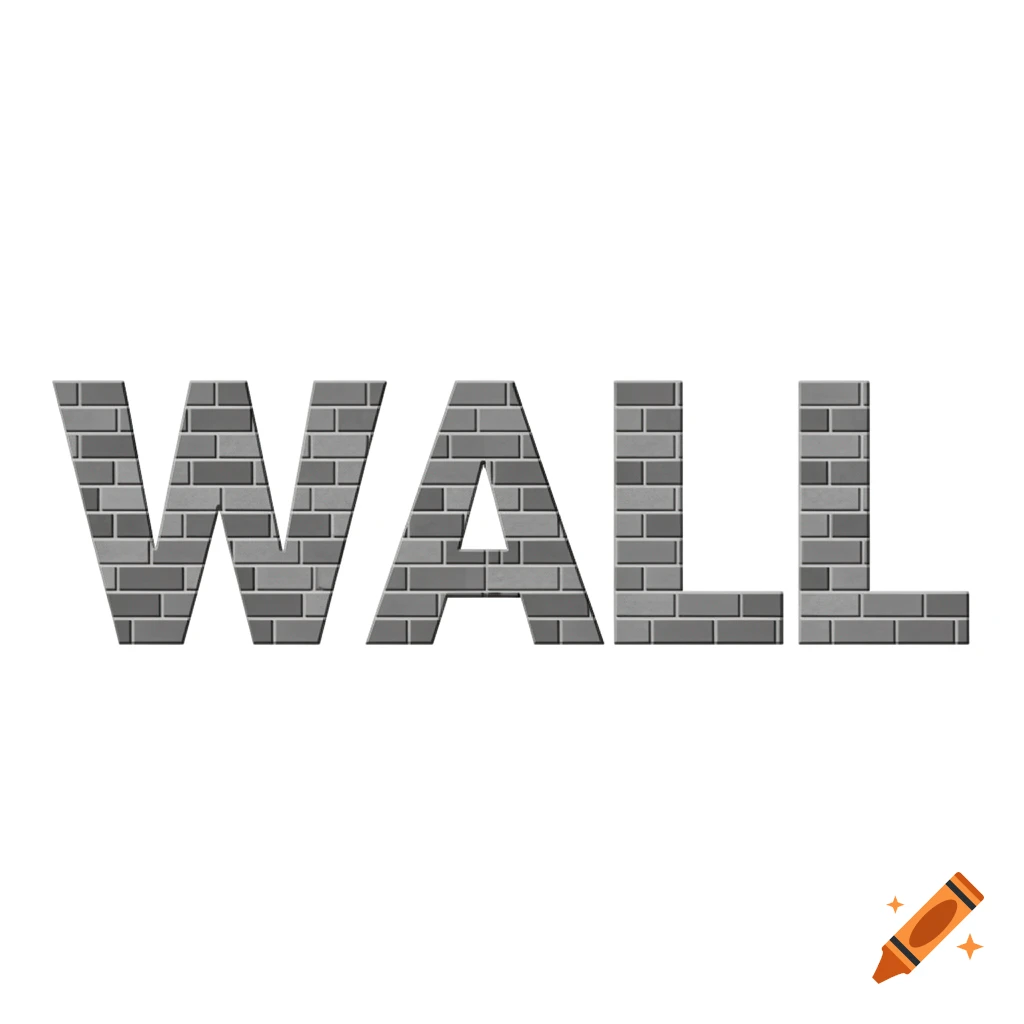 The word "WALL" in large uppercase letters, each letter constructed from grey bricks, on a white background.