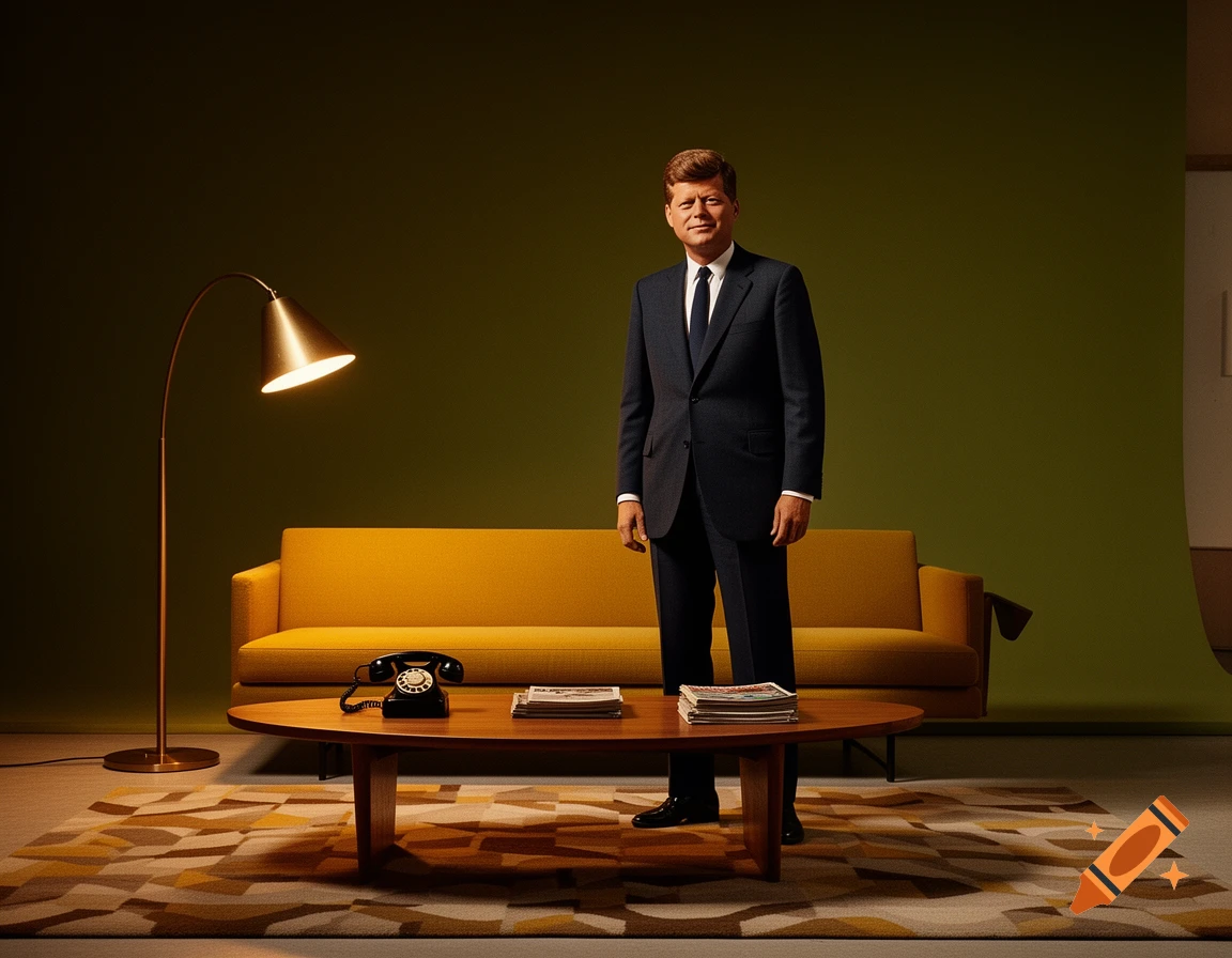 Photorealistic portrait of John F. Kennedy standing confidently in a 1960s-style studio with a yellow couch.