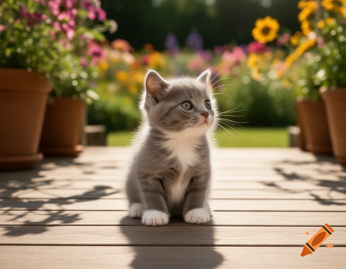 A fluffy grey and white kitten sits on a wooden deck, looking up, with a blurred sunny garden and potted flowers in the background. Photorealistic style.