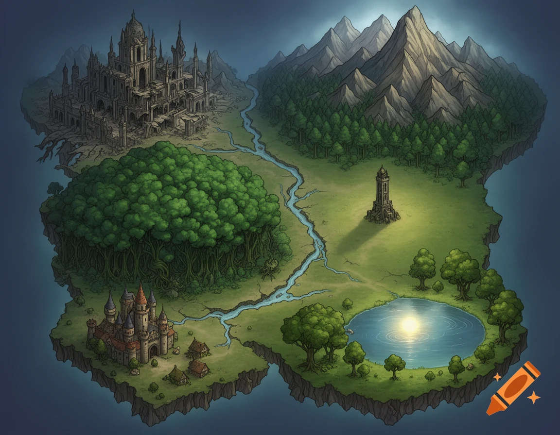 Detailed fantasy island map featuring a ruined city, mountains, forests, a castle, a tower, a lake, and a winding river.