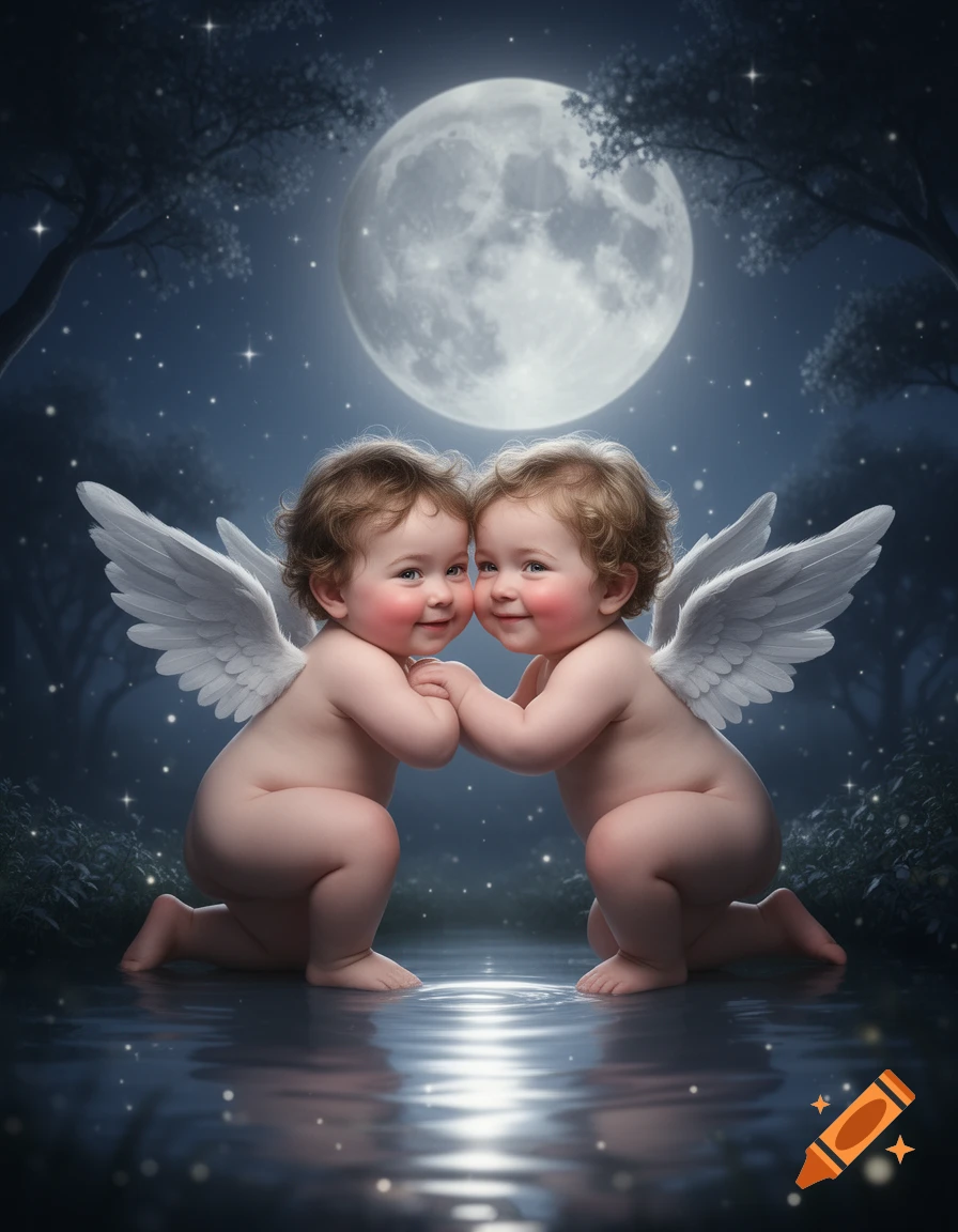 Two adorable cherubs with wings playfully touch hands while kneeling in shallow water, reflecting the large full moon in a magical night forest.
