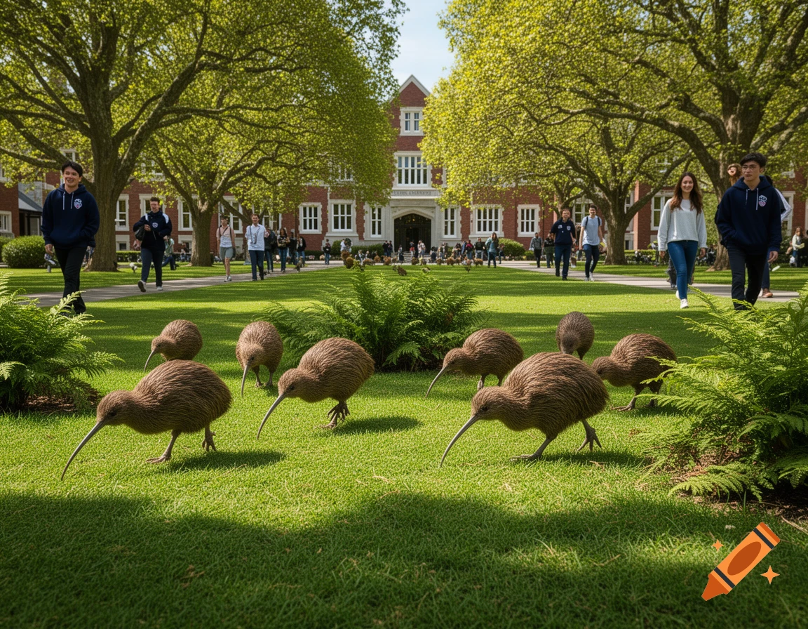 Many kiwis walk on a green lawn in front of a red-brick university building with students walking around, under large trees.