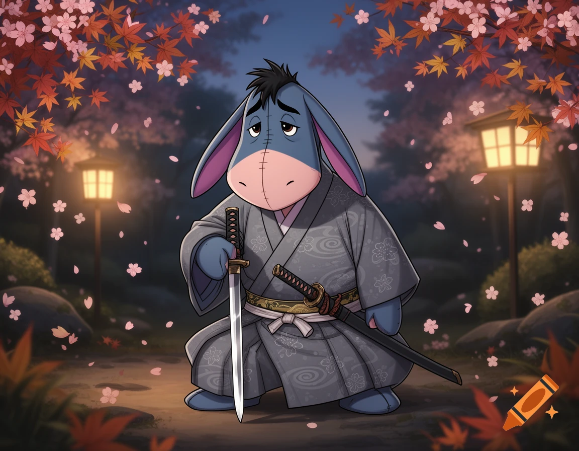 Cartoon Eeyore in a grey samurai kimono poses with a katana in a Japanese garden with cherry blossoms and lanterns.