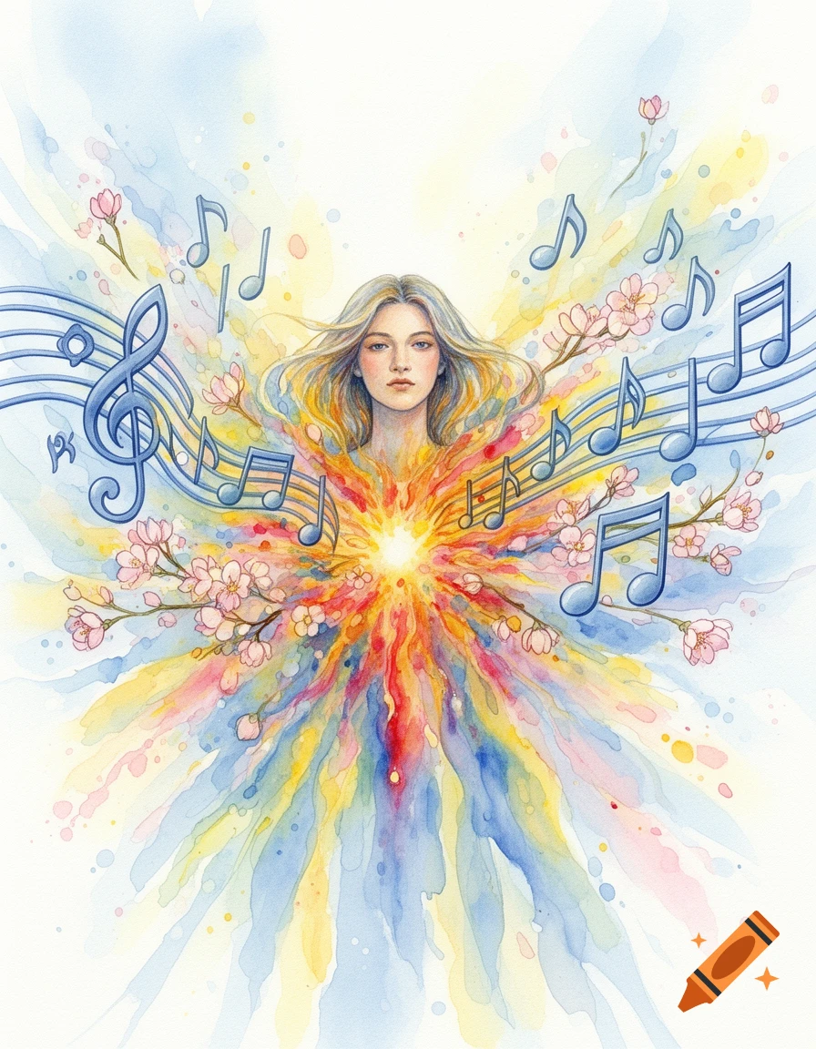 A watercolor painting of a serene woman with flowing hair, from whose heart explodes a burst of vibrant colors, musical notes, and cherry blossoms.