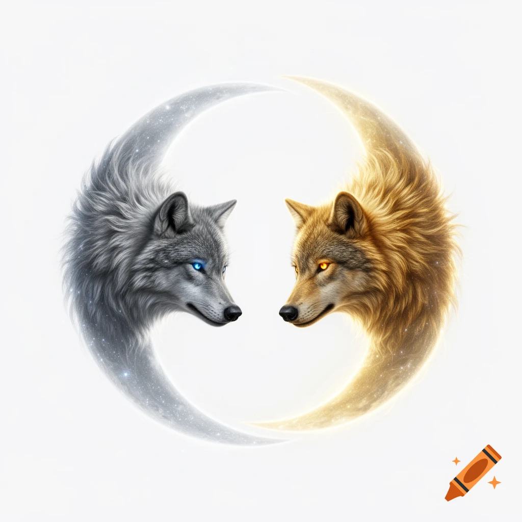 Two stylized wolves, one grey with blue eyes and one golden with orange eyes, face each other, forming a celestial crescent moon.
